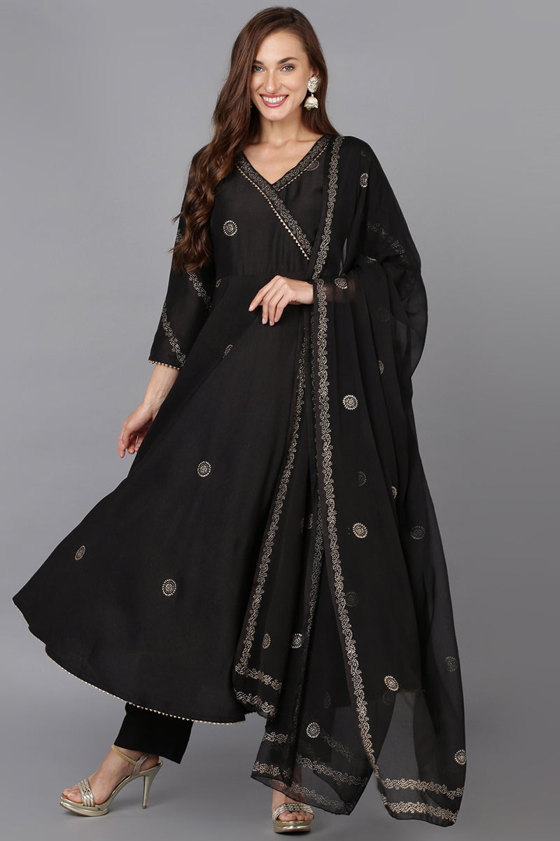 Black Silk Blend Ethnic Motifs Straight Suit Set | SHOBITAM