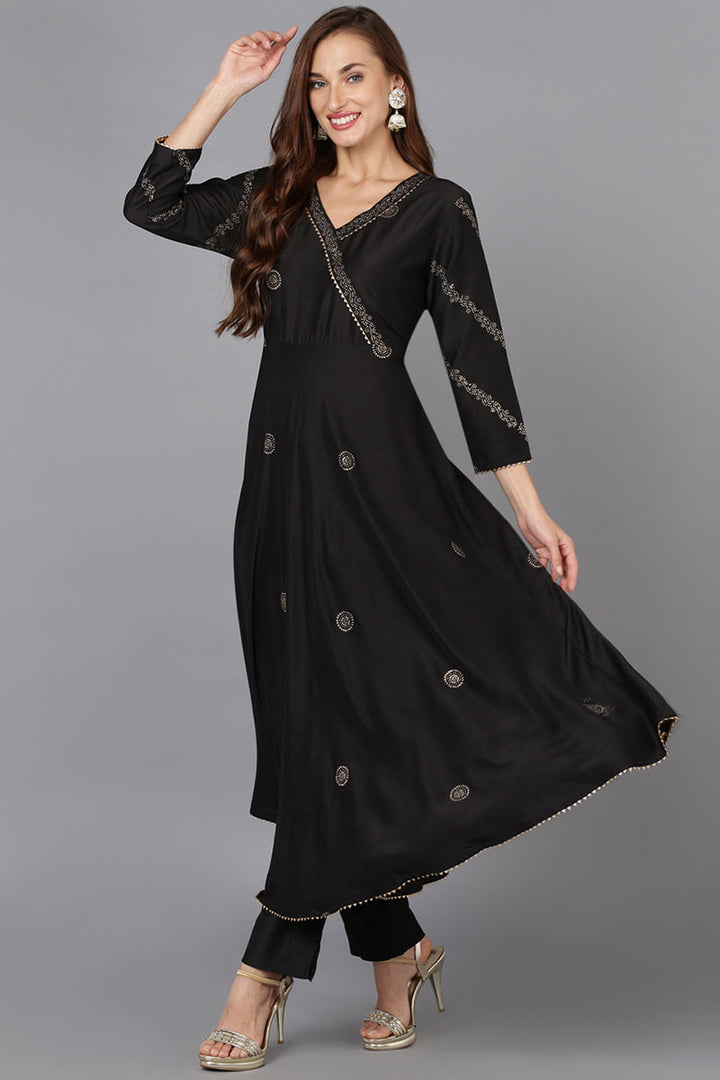 Black Silk Blend Ethnic Motifs Straight Suit Set | SHOBITAM