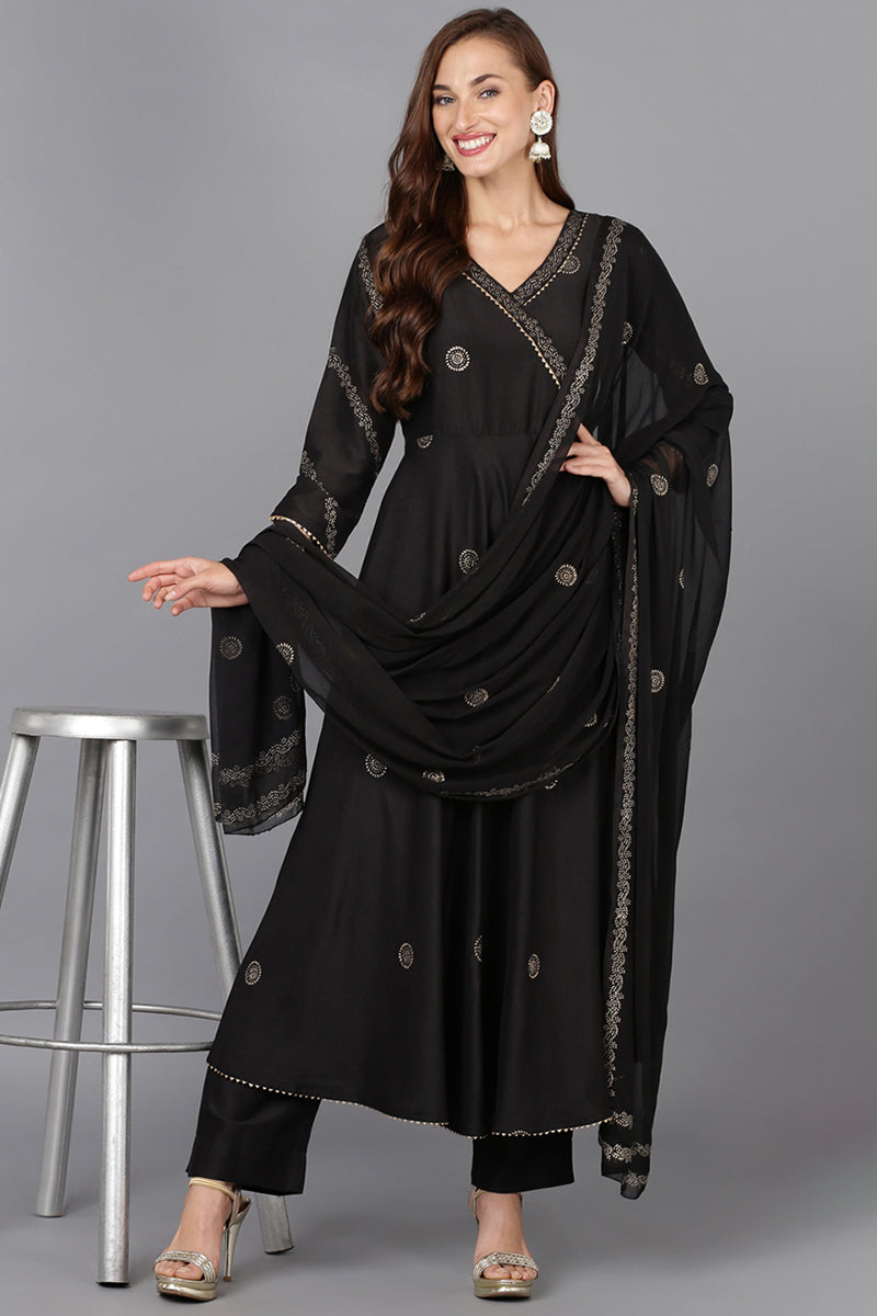 Black Silk Blend Ethnic Motifs Straight Suit Set | SHOBITAM