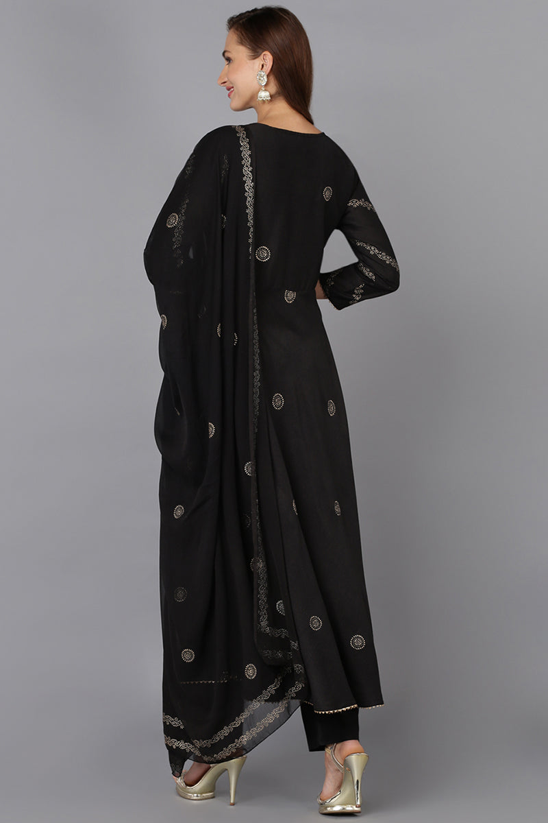 Black Silk Blend Ethnic Motifs Straight Suit Set | SHOBITAM