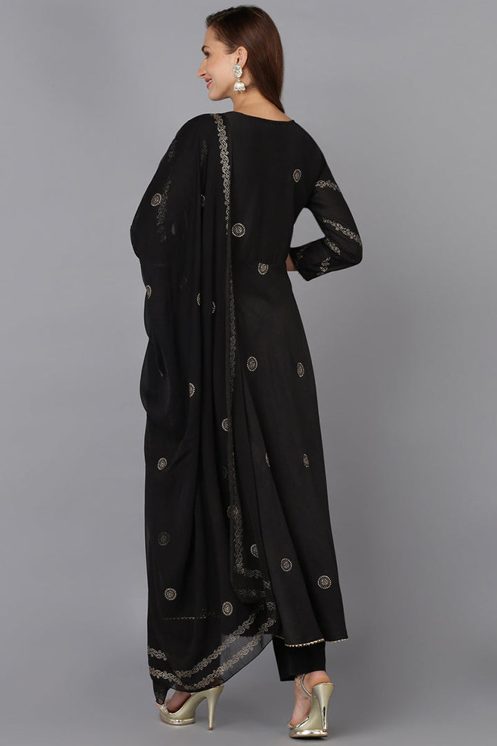 Black Silk Blend Ethnic Motifs Straight Suit Set | SHOBITAM