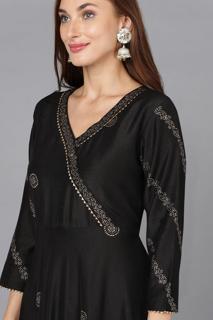 Black Silk Blend Ethnic Motifs Straight Suit Set | SHOBITAM