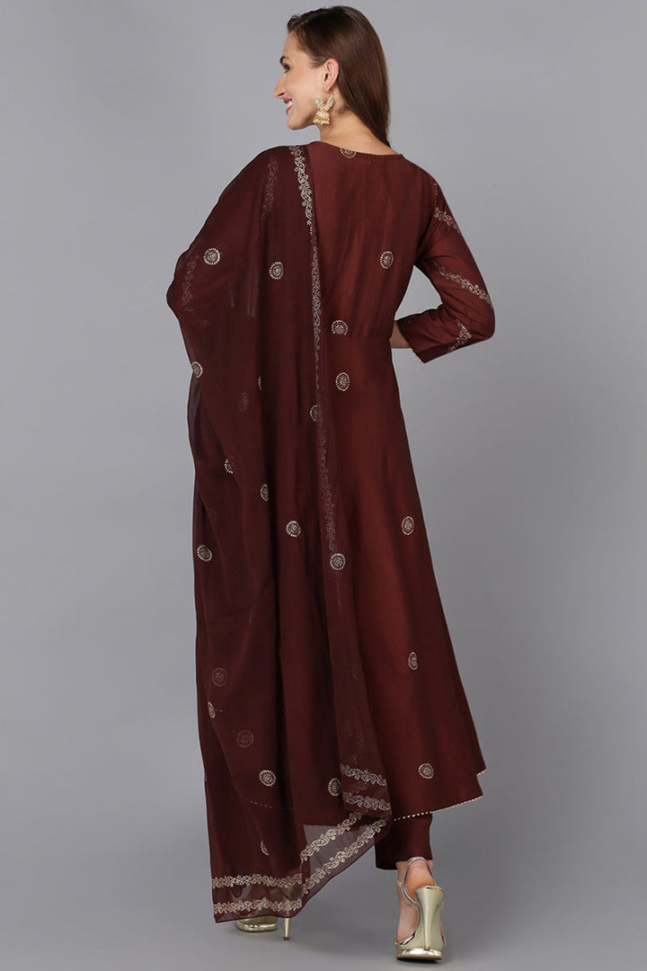 Maroon Silk Blend Anarkali Woven Design Kurta Pant With Dupatta | SHOBITAM