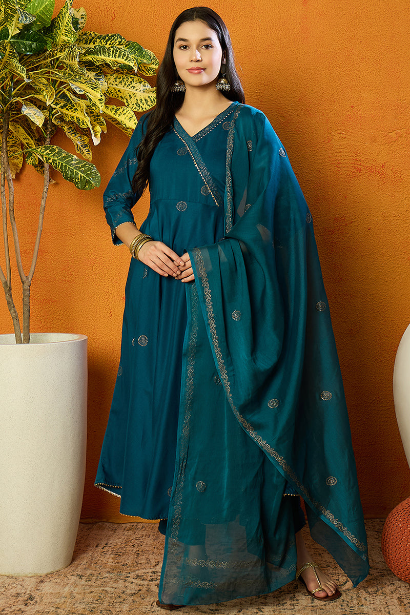 Teal Silk Blend Anarkali Woven Design Kurta Pant With Dupatta | SHOBITAM