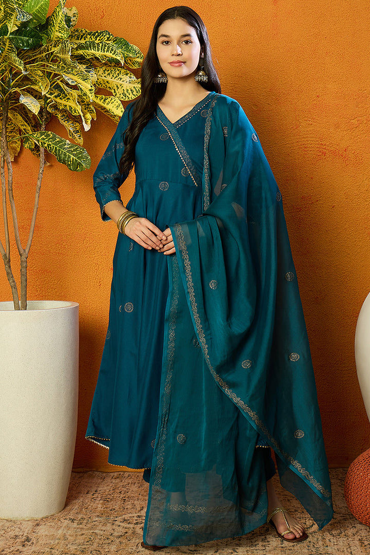 Teal Silk Blend Anarkali Woven Design Kurta Pant With Dupatta | SHOBITAM