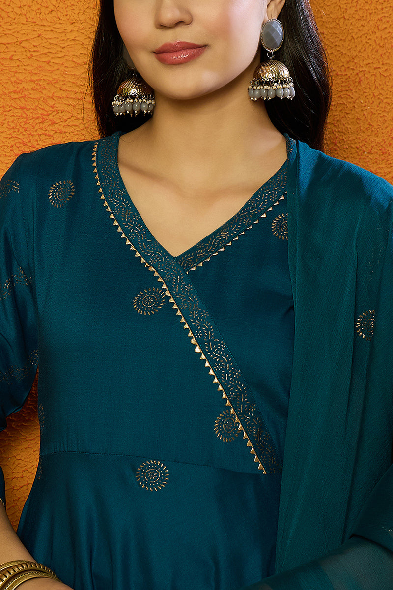 Teal Silk Blend Anarkali Woven Design Kurta Pant With Dupatta | SHOBITAM