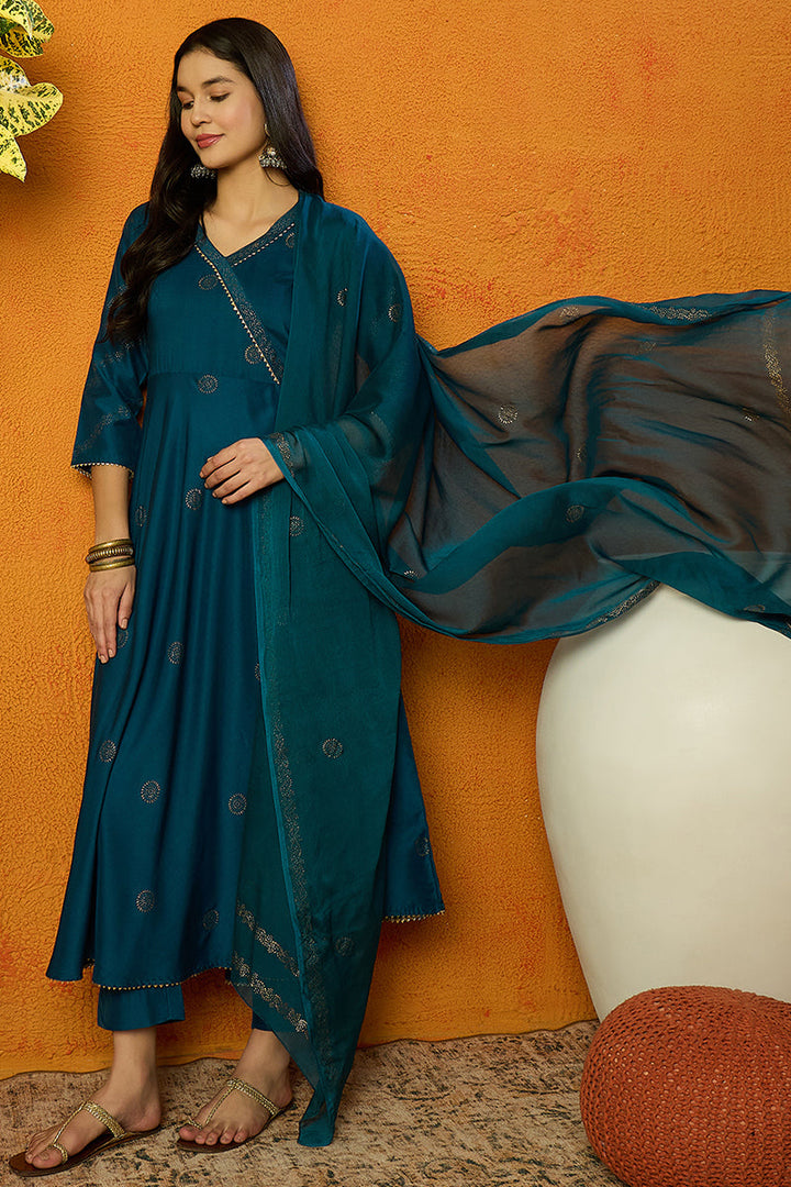 Teal Silk Blend Anarkali Woven Design Kurta Pant With Dupatta | SHOBITAM