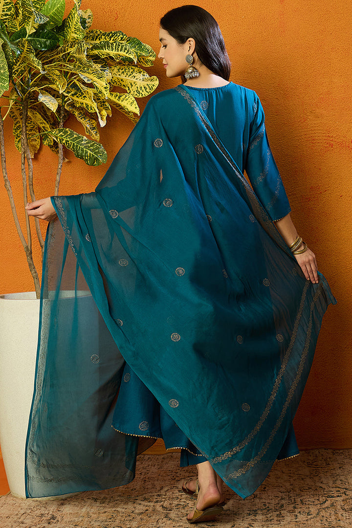 Teal Silk Blend Anarkali Woven Design Kurta Pant With Dupatta | SHOBITAM