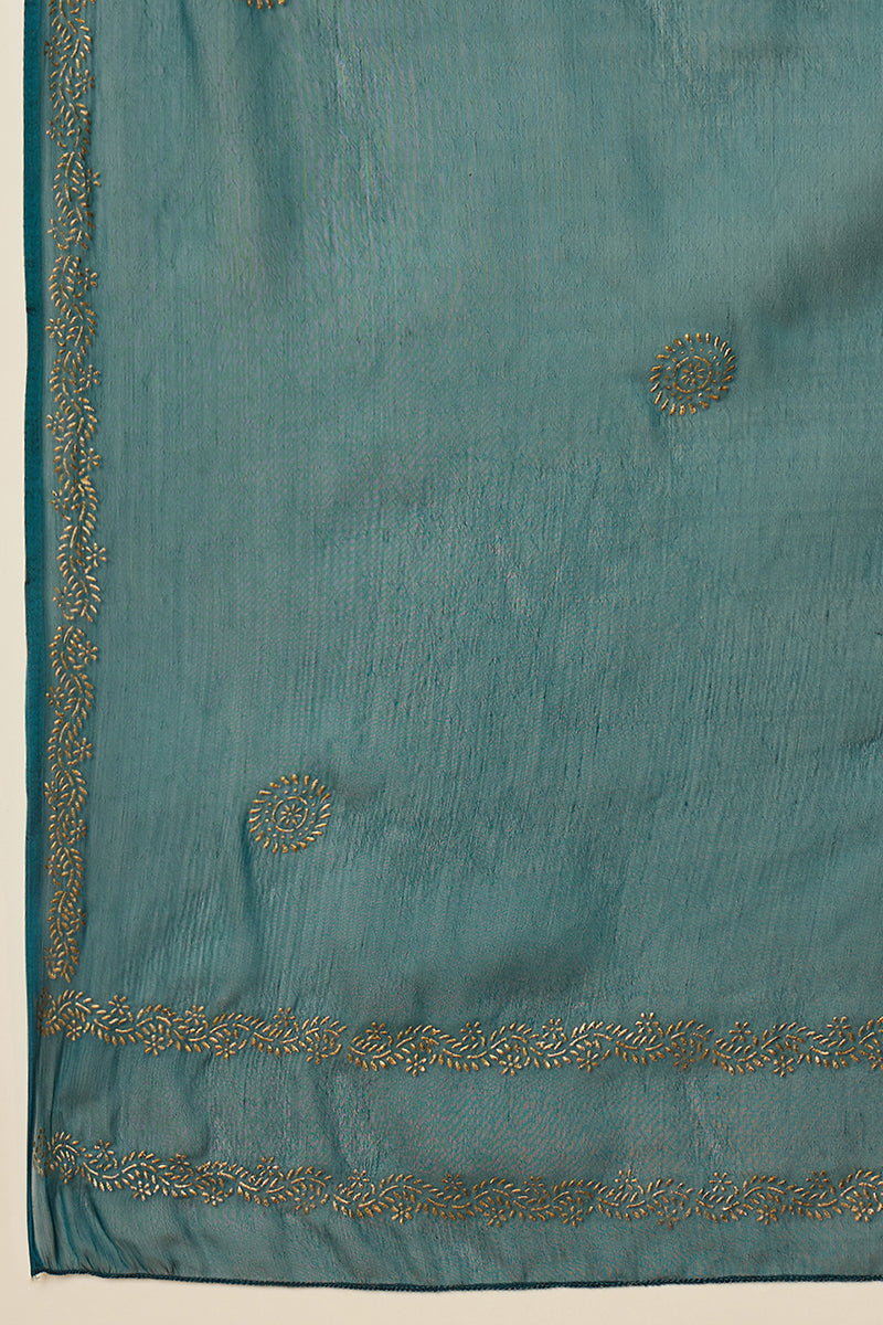 Teal Silk Blend Anarkali Woven Design Kurta Pant With Dupatta | SHOBITAM