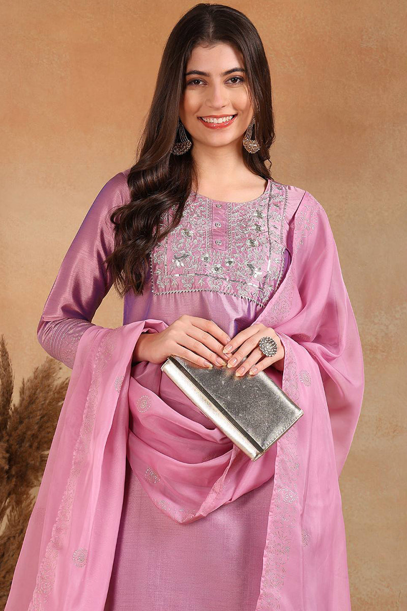 Lavender Silk Blend Straight Kurta Pant With Dupatta | SHOBITAM