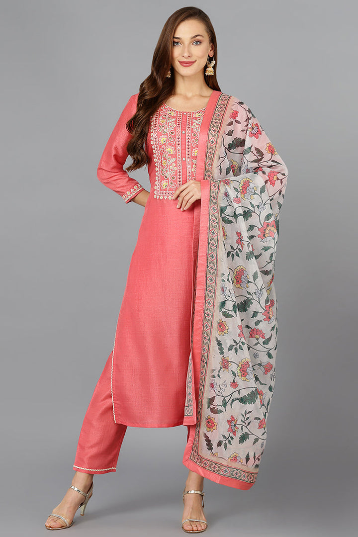 Coral Pink Silk Blend Straight Kurta Pant With Dupatta | SHOBITAM