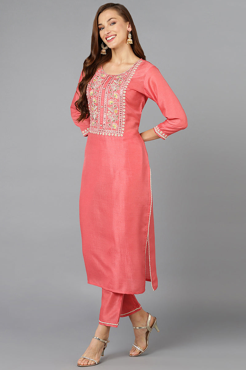 Coral Pink Silk Blend Straight Kurta Pant With Dupatta | SHOBITAM