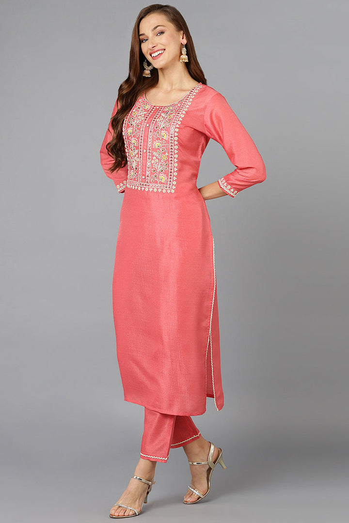 Coral Pink Silk Blend Straight Kurta Pant With Dupatta | SHOBITAM