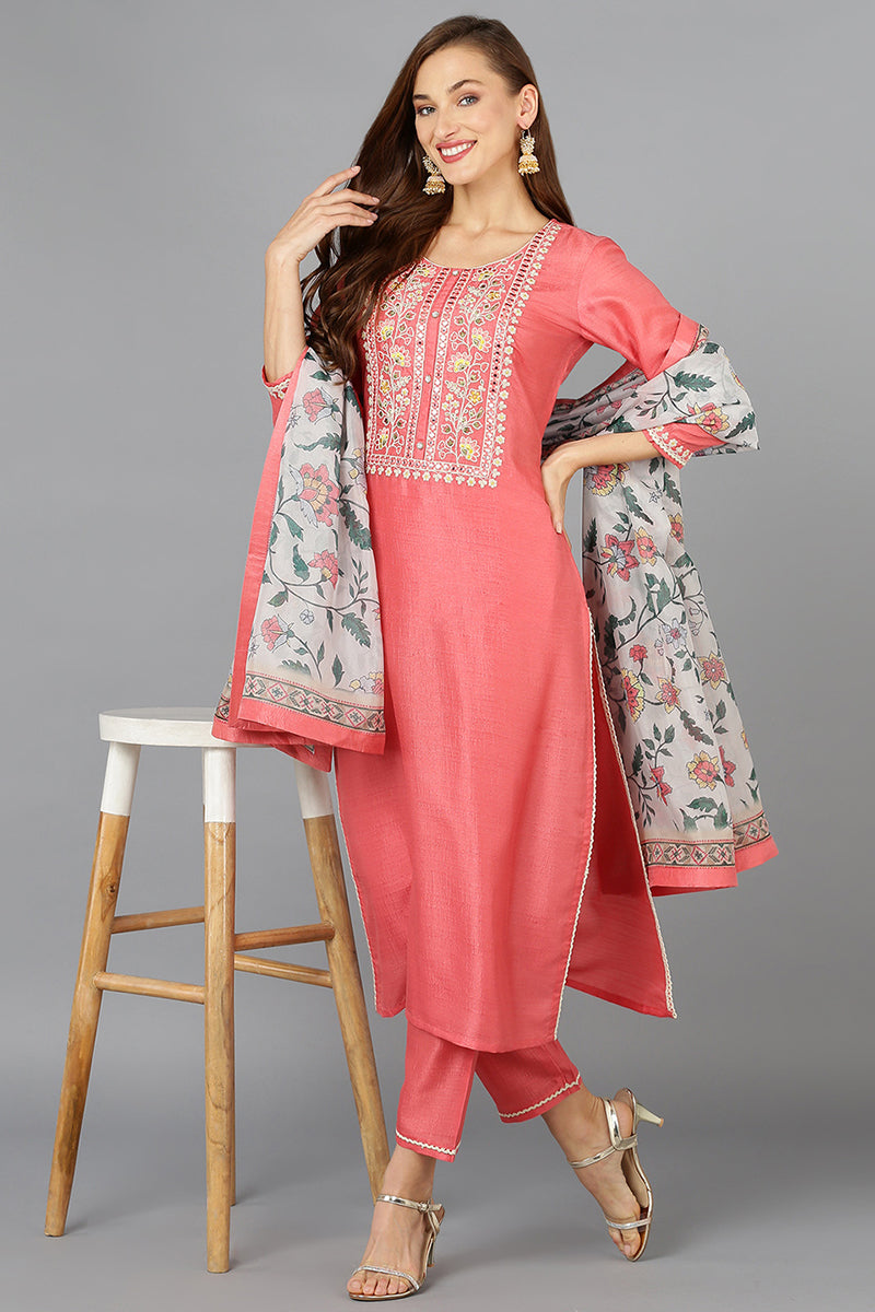 Coral Pink Silk Blend Straight Kurta Pant With Dupatta | SHOBITAM