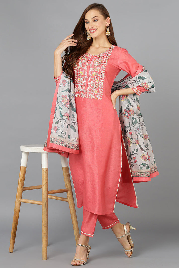 Coral Pink Silk Blend Straight Kurta Pant With Dupatta | SHOBITAM