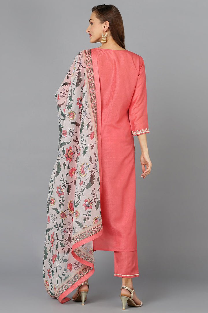 Coral Pink Silk Blend Straight Kurta Pant With Dupatta | SHOBITAM