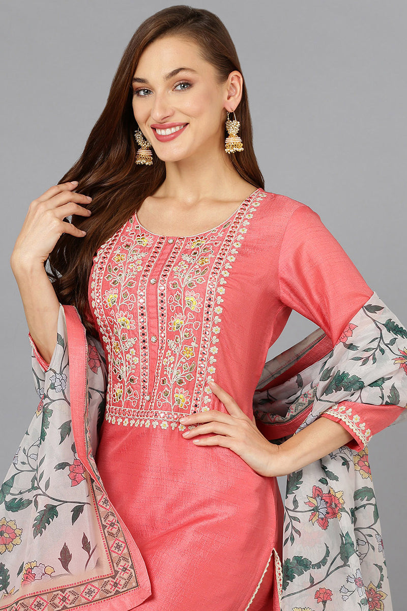 Coral Pink Silk Blend Straight Kurta Pant With Dupatta | SHOBITAM