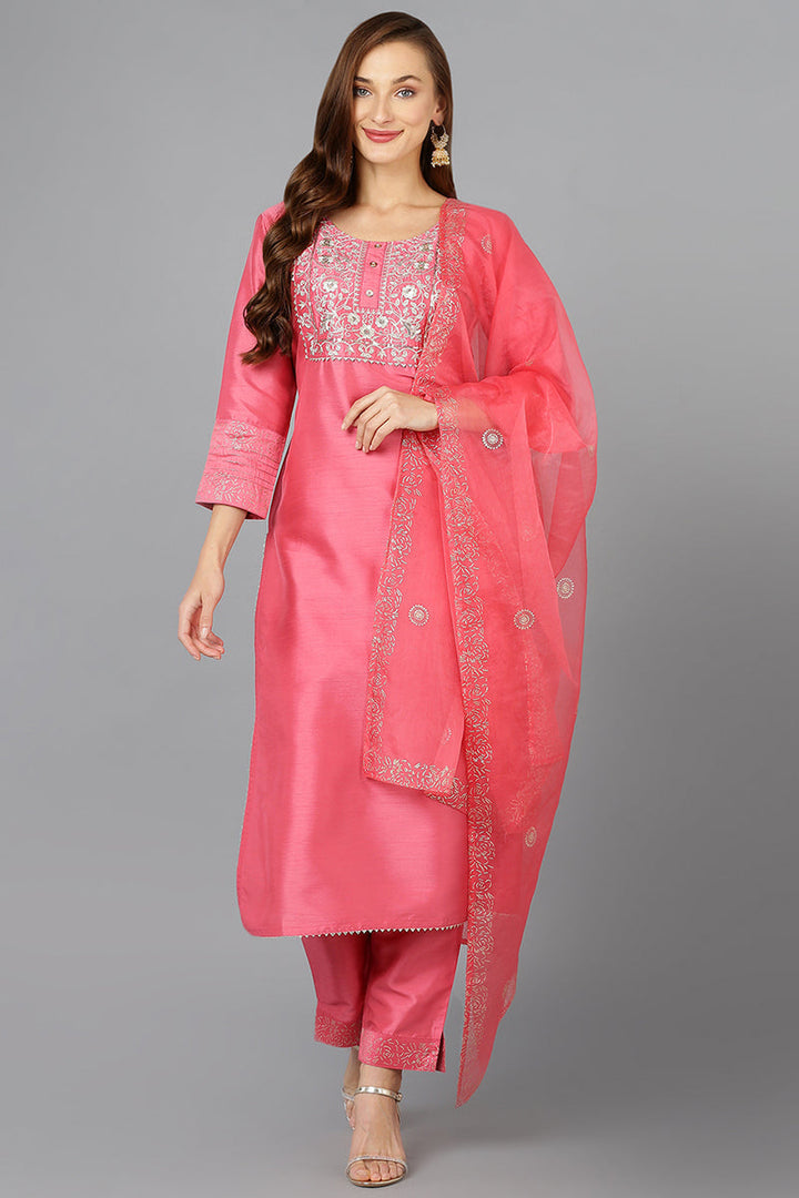 Pink Silk Blend Straight Kurta Pant With Dupatta  | SHOBITAM