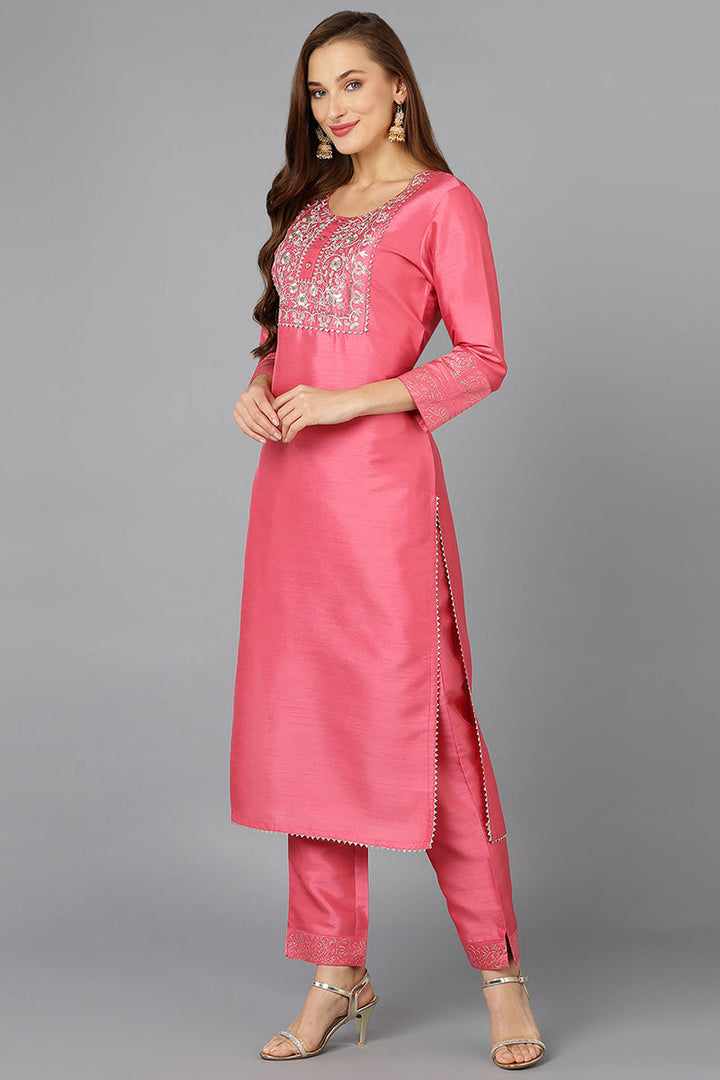 Pink Silk Blend Straight Kurta Pant With Dupatta  | SHOBITAM