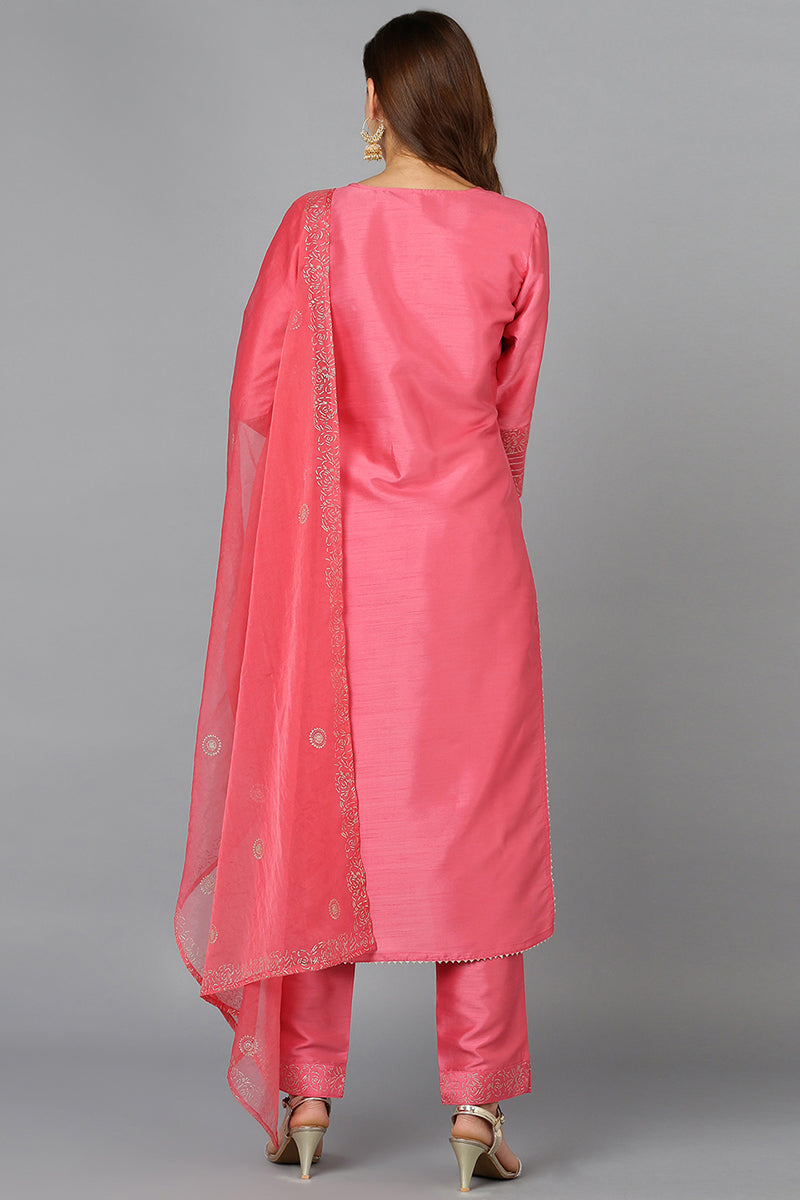 Pink Silk Blend Straight Kurta Pant With Dupatta  | SHOBITAM
