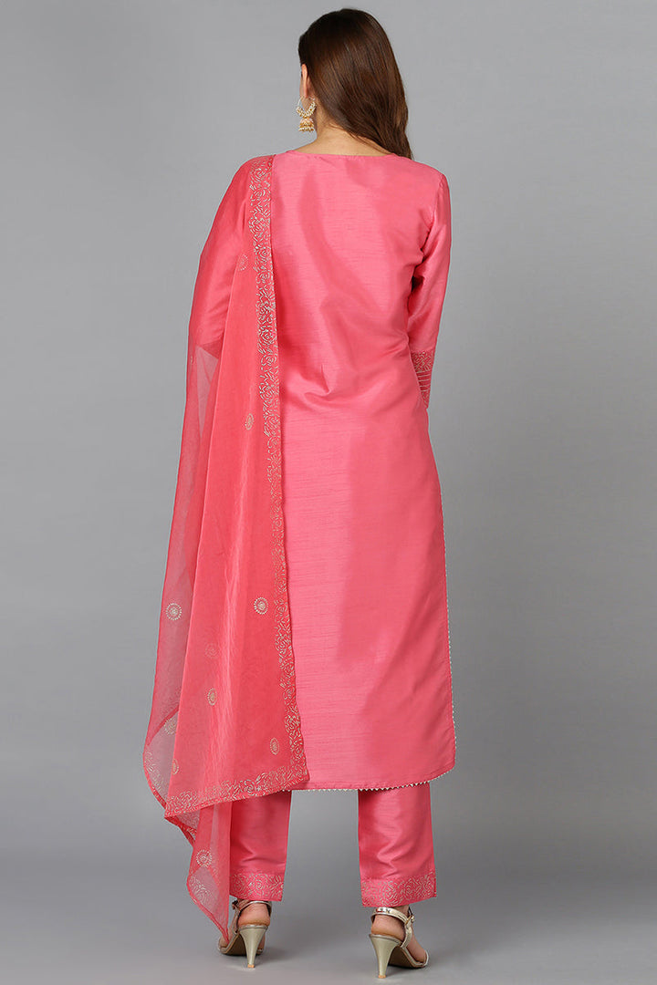 Pink Silk Blend Straight Kurta Pant With Dupatta  | SHOBITAM