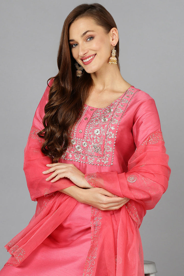 Pink Silk Blend Straight Kurta Pant With Dupatta  | SHOBITAM