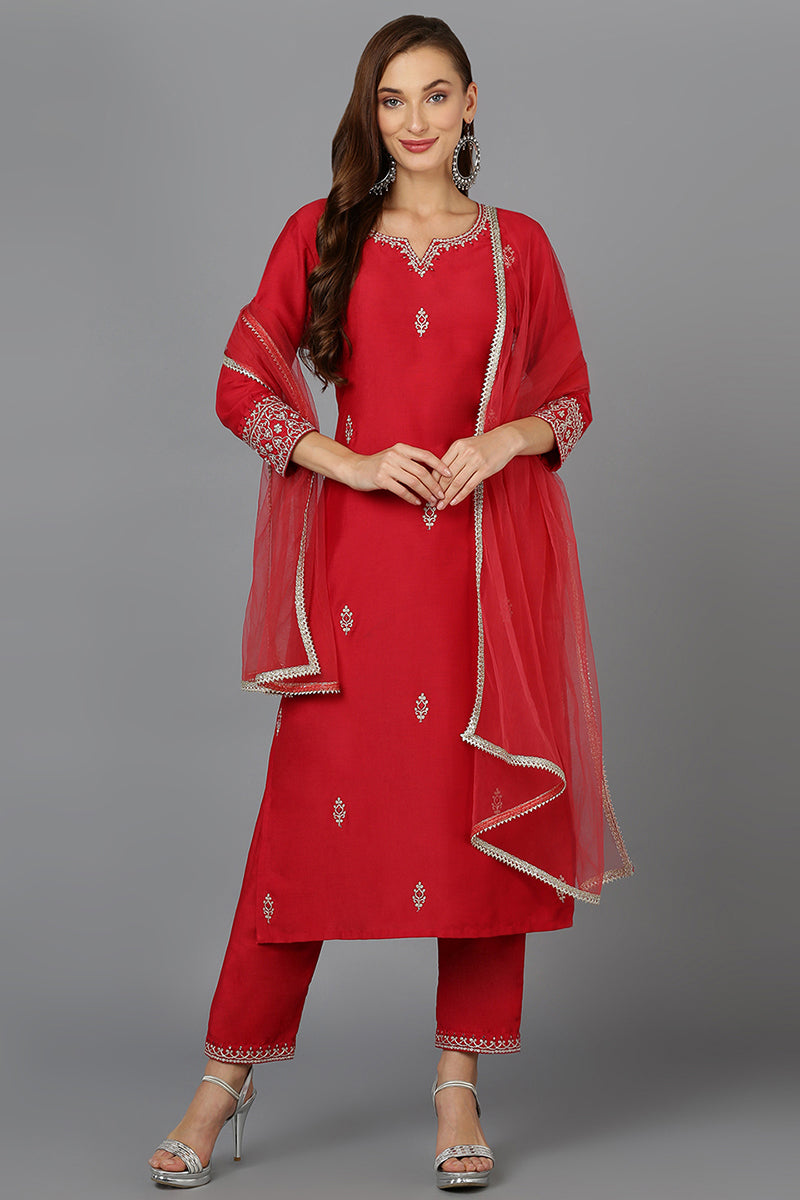 Red Silk Blend Straight Kurta Pant With Dupatta  | SHOBITAM