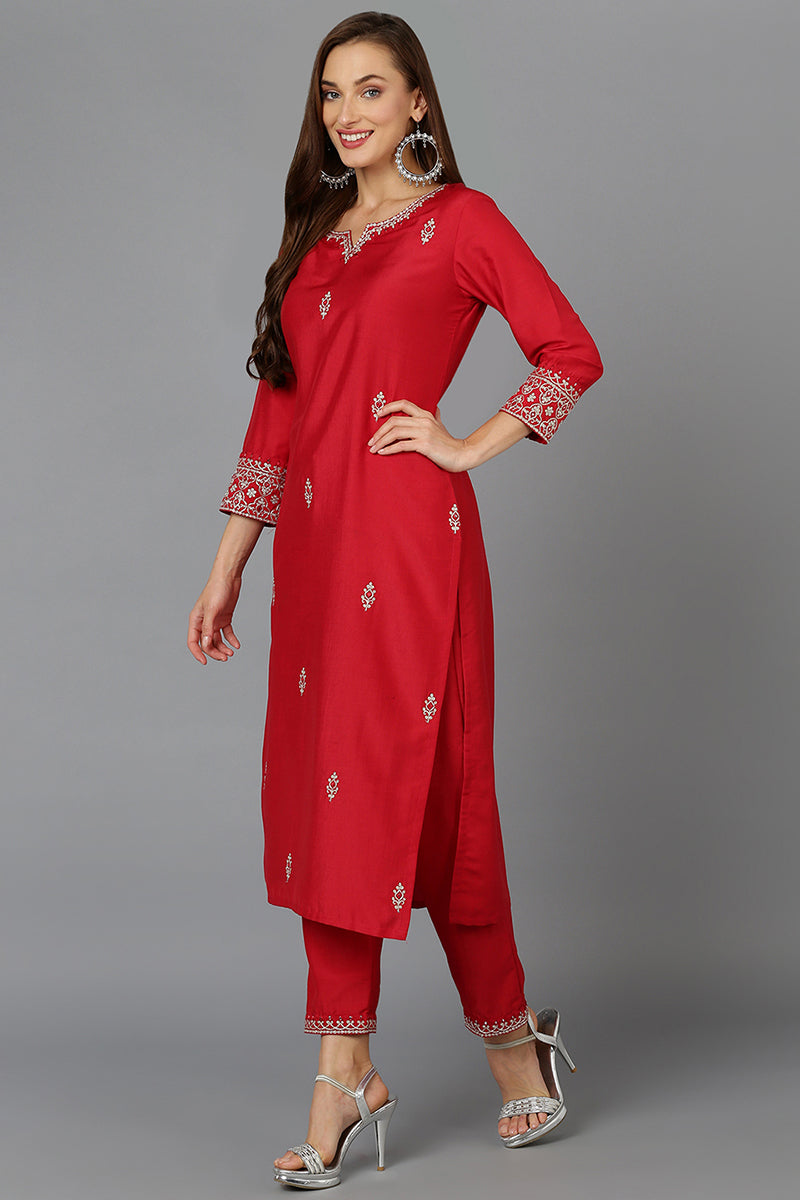Red Silk Blend Straight Kurta Pant With Dupatta  | SHOBITAM