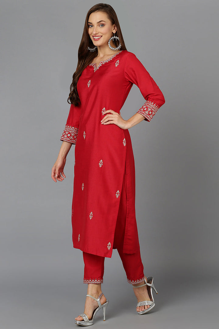 Red Silk Blend Straight Kurta Pant With Dupatta  | SHOBITAM