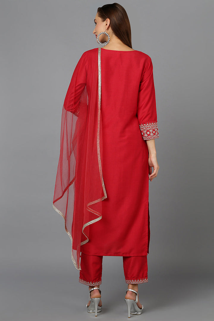 Red Silk Blend Straight Kurta Pant With Dupatta  | SHOBITAM