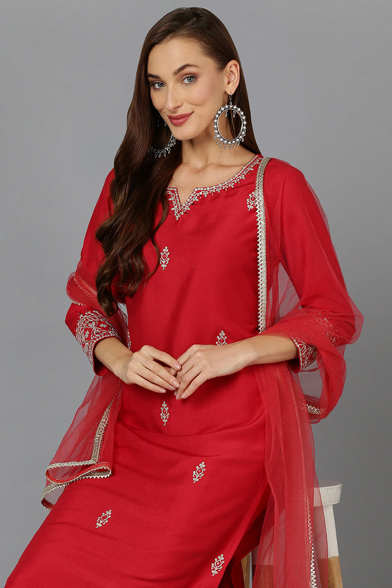 Red Silk Blend Straight Kurta Pant With Dupatta  | SHOBITAM