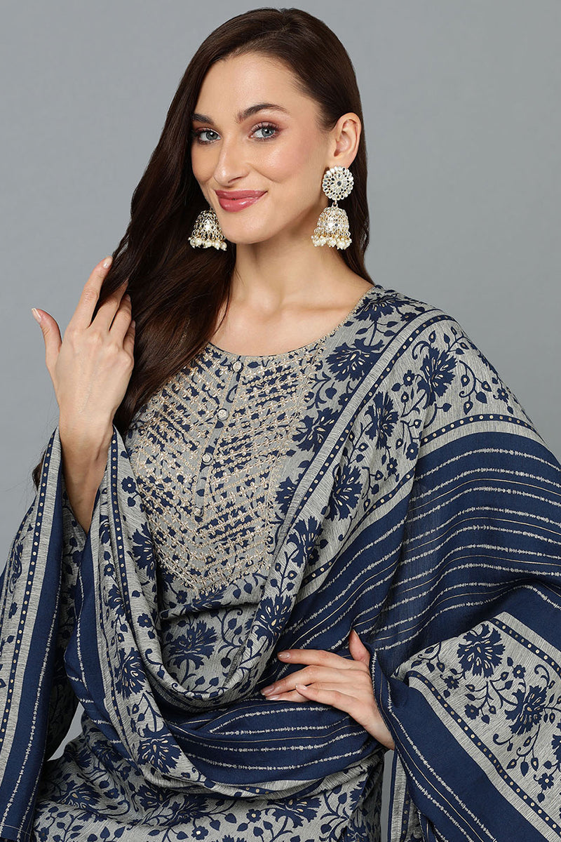 Cotton Blend Grey Straight Printed Kurta Pant With Blue Dupatta | SHOBITAM