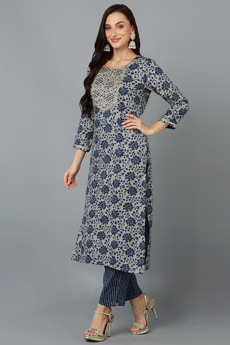 Cotton Blend Grey Straight Printed Kurta Pant With Blue Dupatta | SHOBITAM