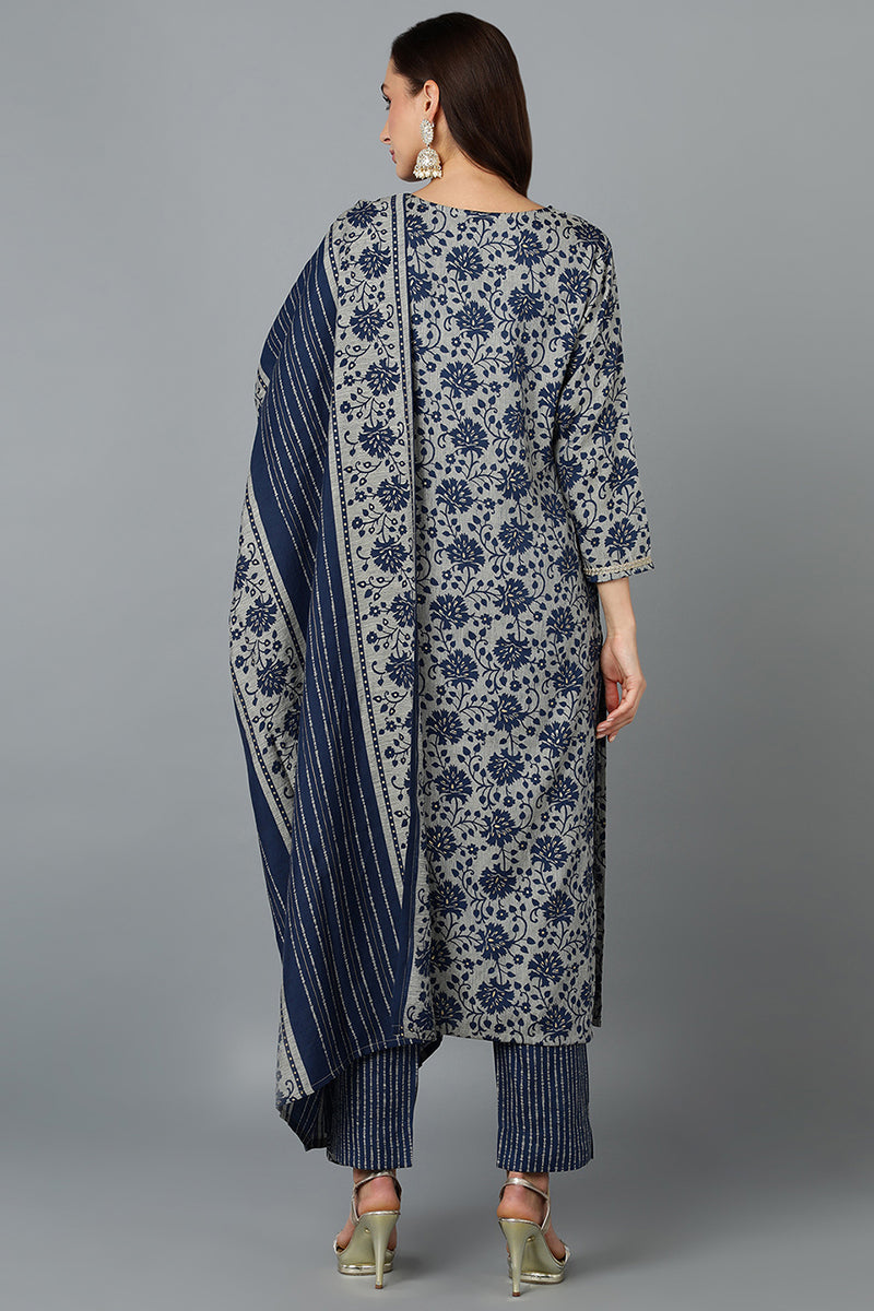 Cotton Blend Grey Straight Printed Kurta Pant With Blue Dupatta | SHOBITAM
