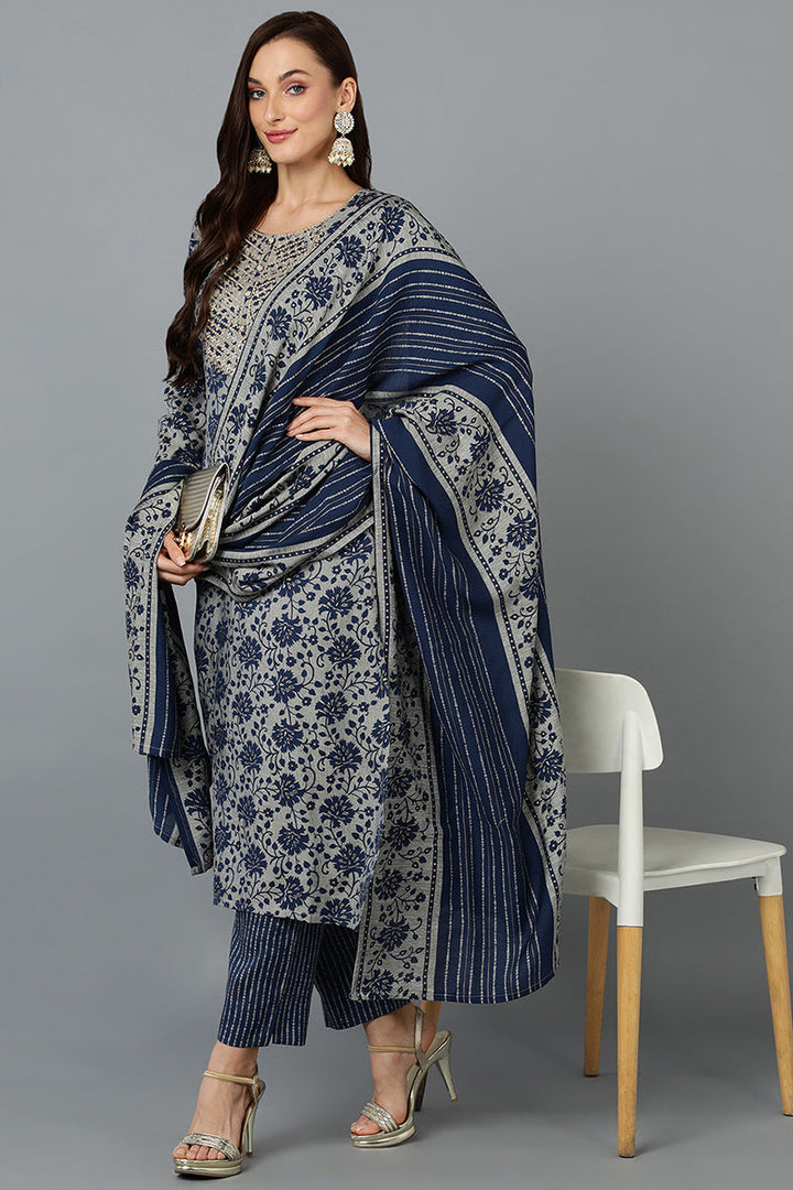 Cotton Blend Grey Straight Printed Kurta Pant With Blue Dupatta | SHOBITAM