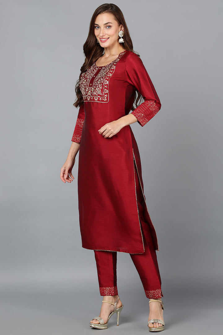Maroon Silk Blend Yoke Design Kurta Trouser With Dupatta | SHOBITAM