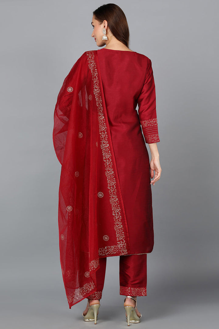 Maroon Silk Blend Yoke Design Kurta Trouser With Dupatta | SHOBITAM