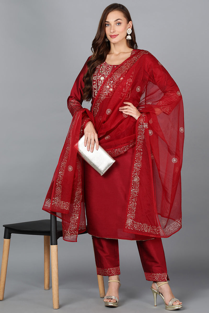 Maroon Silk Blend Yoke Design Kurta Trouser With Dupatta | SHOBITAM