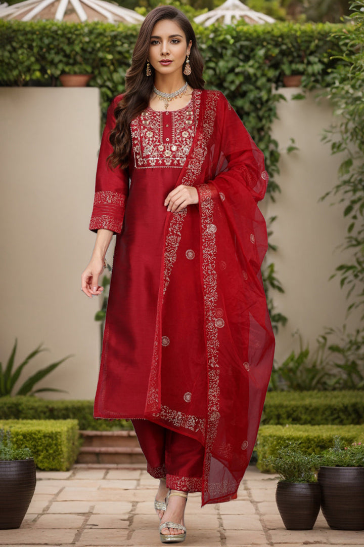 Maroon Silk Blend Yoke Design Kurta Trouser With Dupatta | SHOBITAM