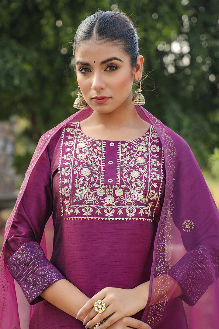 Purple Silk Blend Straight Yoke Design Kurta Pant With Dupatta  | SHOBITAM