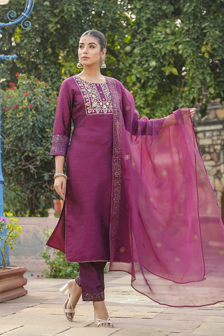 Purple Silk Blend Straight Yoke Design Kurta Pant With Dupatta  | SHOBITAM