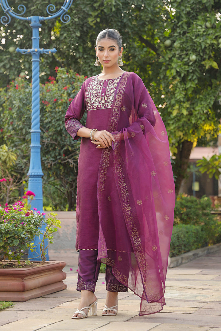 Purple Silk Blend Straight Yoke Design Kurta Pant With Dupatta  | SHOBITAM