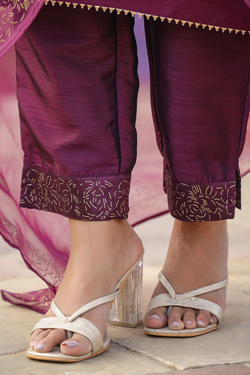 Purple Silk Blend Straight Yoke Design Kurta Pant With Dupatta  | SHOBITAM