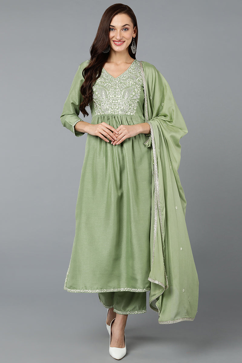 Silk Blend Sea Green Straight Kurta Pant With Dupatta | SHOBITAM
