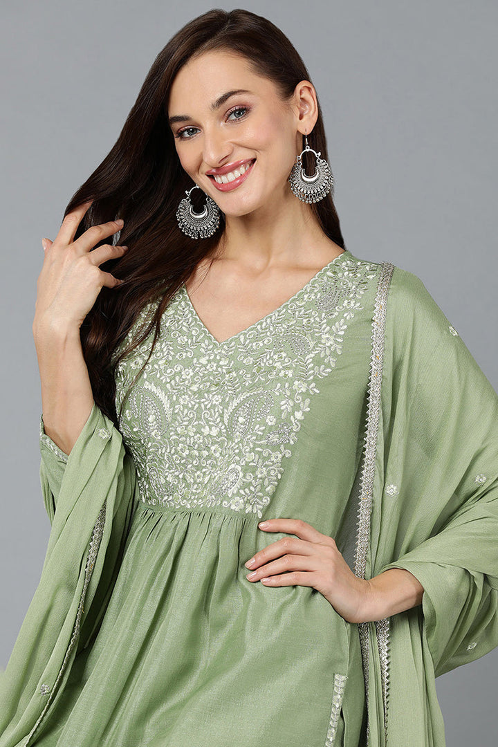 Silk Blend Sea Green Straight Kurta Pant With Dupatta | SHOBITAM