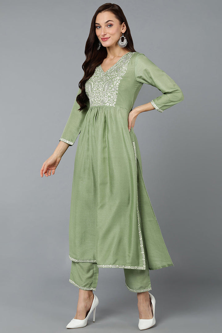 Silk Blend Sea Green Straight Kurta Pant With Dupatta | SHOBITAM