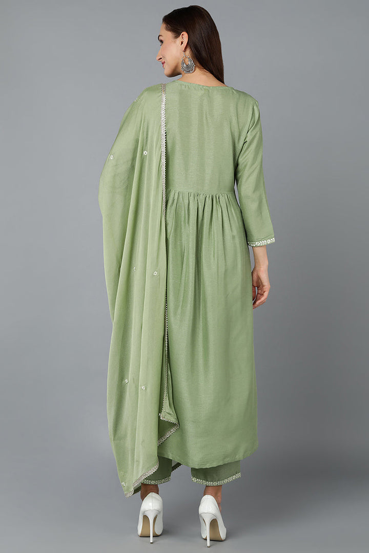 Silk Blend Sea Green Straight Kurta Pant With Dupatta | SHOBITAM