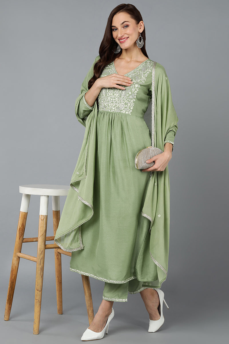 Silk Blend Sea Green Straight Kurta Pant With Dupatta | SHOBITAM