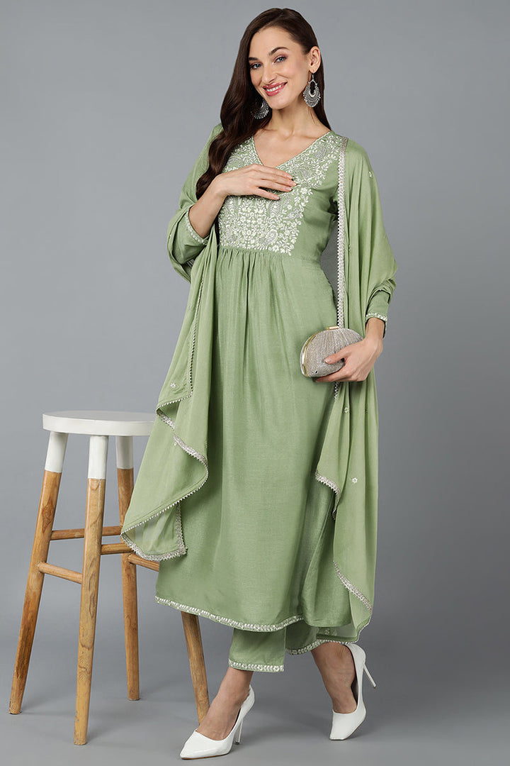 Silk Blend Sea Green Straight Kurta Pant With Dupatta | SHOBITAM