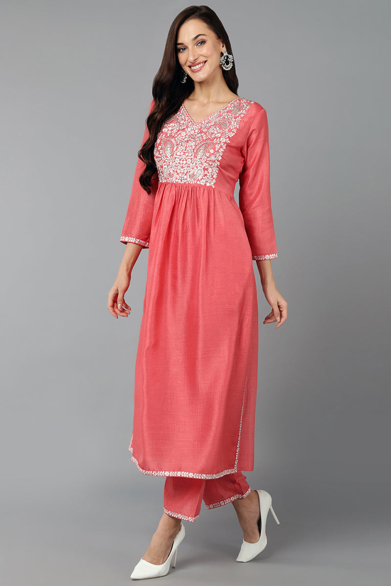 Silk Blend Blush Pink Straight Kurta Pant With Dupatta | SHOBITAM